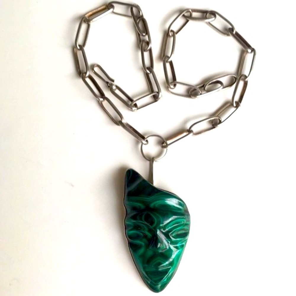 VNTG carved Malachite mask with 26" handmade chain